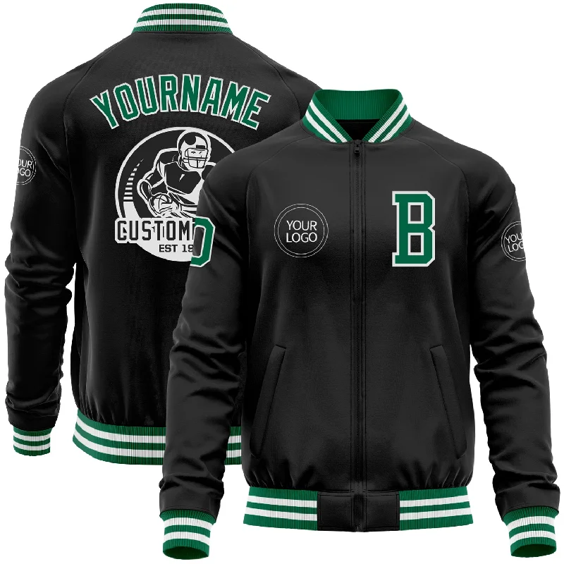 Comfortable Wool Jacket for Cold Winter Evenings-Custom Black Kelly Green-White Bomber Varsity Letterman Zipper Jacket