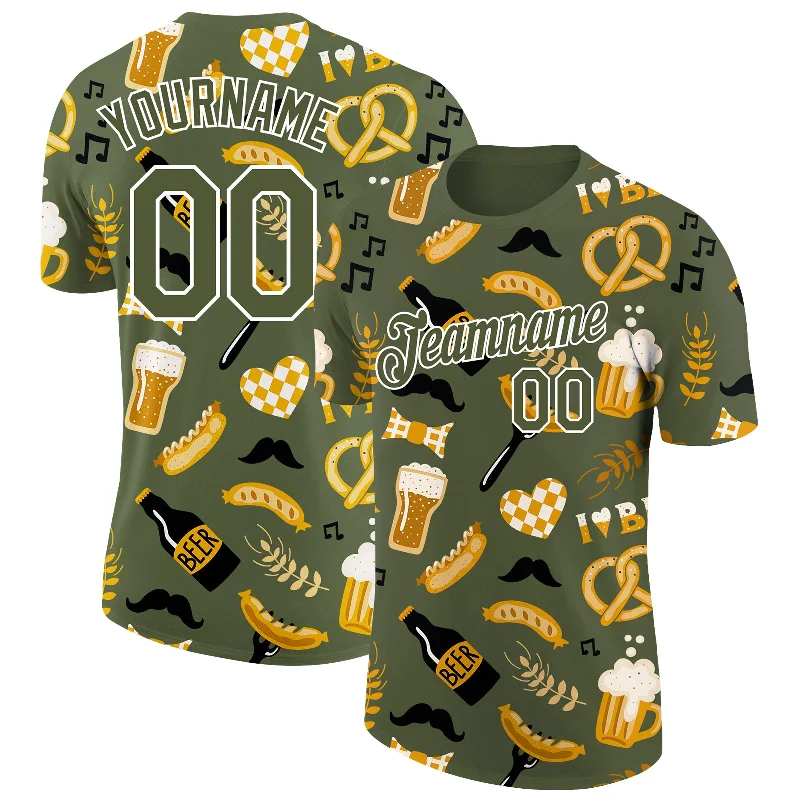 Sustainable T-Shirt with Recycled Fabrics-Custom Olive White 3D Pattern Design Oktoberfest Beer Festival Performance T-Shirt