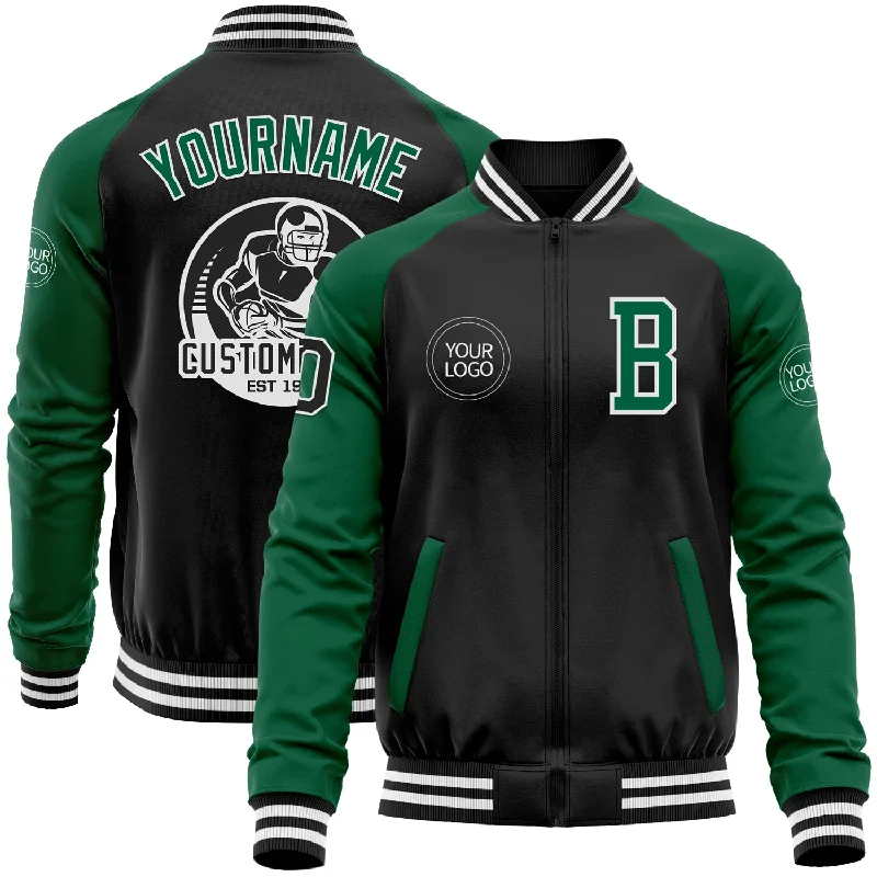 Soft Plush Jacket for Cozy Style-Custom Black Kelly Green-White Bomber Varsity Letterman Two Tone Zipper Jacket