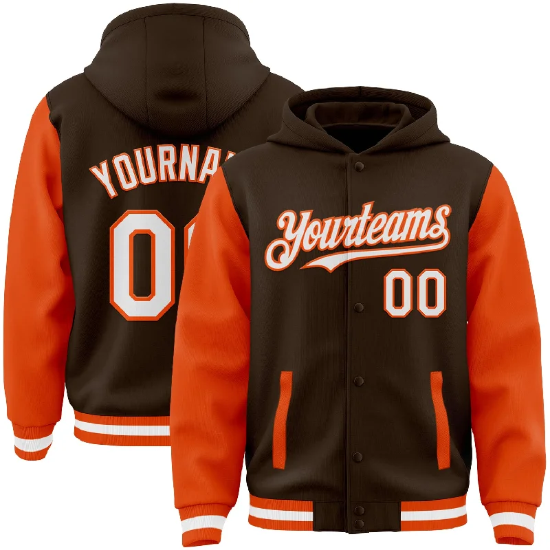 Hoodie with Front Pockets for Practical Wear-Custom Brown White-Orange Bomber Full-Snap Varsity Letterman Two Tone Hoodie Jacket