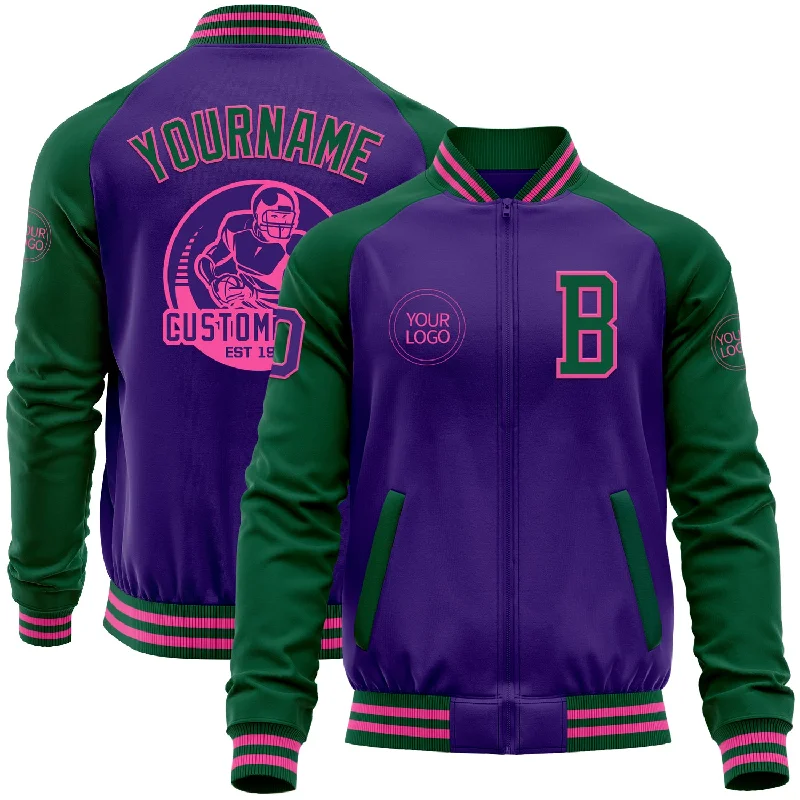 Warm Fleece Jacket for Cold Weather Comfort-Custom Purple Kelly Green-Pink Bomber Varsity Letterman Two Tone Zipper Jacket