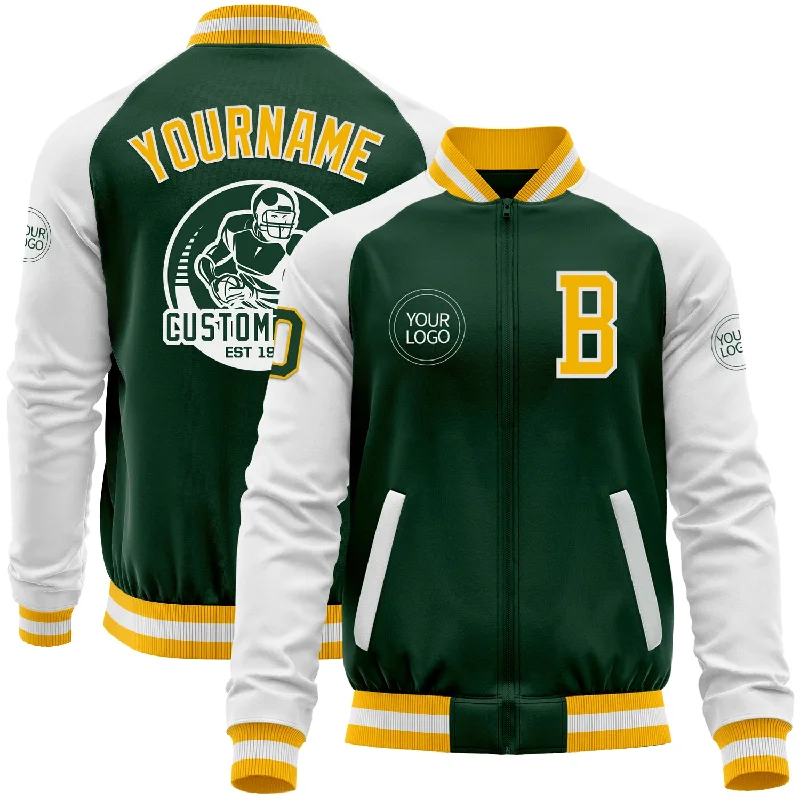 Quilted Down Jacket for Extra Warmth-Custom Green Gold-White Bomber Varsity Letterman Two Tone Zipper Jacket