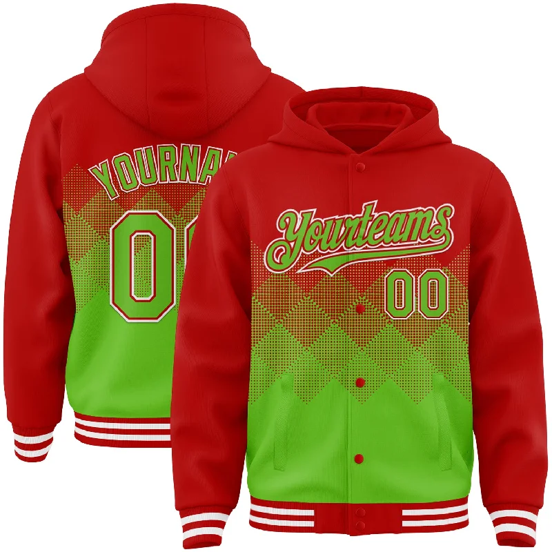 Athletic Hooded Sweatshirt for Gym Workouts-Custom Red Aurora Green-White Gradient Square Shape 3D Pattern Design Bomber Full-Snap Varsity Letterman Hoodie Jacket