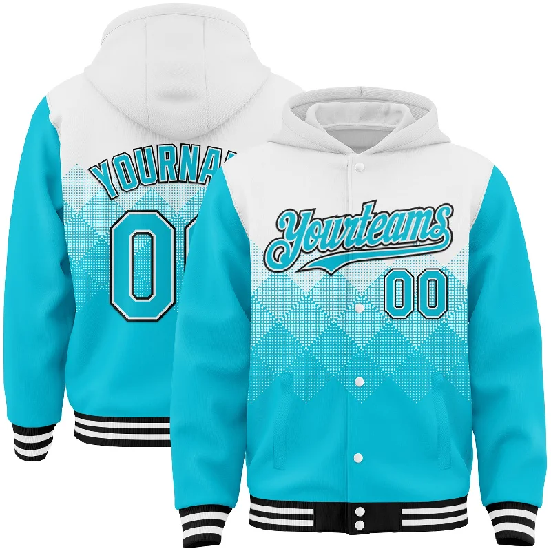 Soft Cotton Blend Hoodie for Extra Comfort-Custom White Lakes Blue-Black Gradient Square Shape 3D Pattern Design Bomber Full-Snap Varsity Letterman Hoodie Jacket