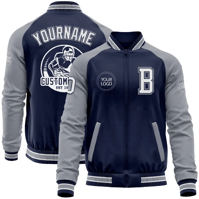 Breathable Jacket for Outdoor Activities-Custom Navy White-Gray Bomber Varsity Letterman Two Tone Zipper Jacket