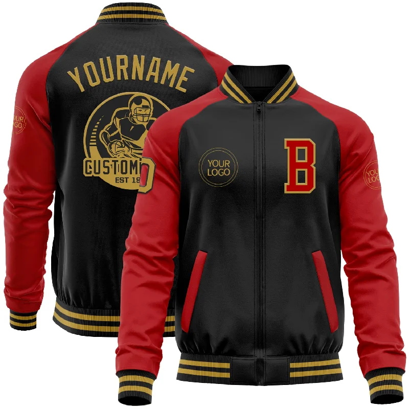 Winter Snowboard Jacket for Cold Weather Sports-Custom Black Old Gold-Red Bomber Varsity Letterman Two Tone Zipper Jacket