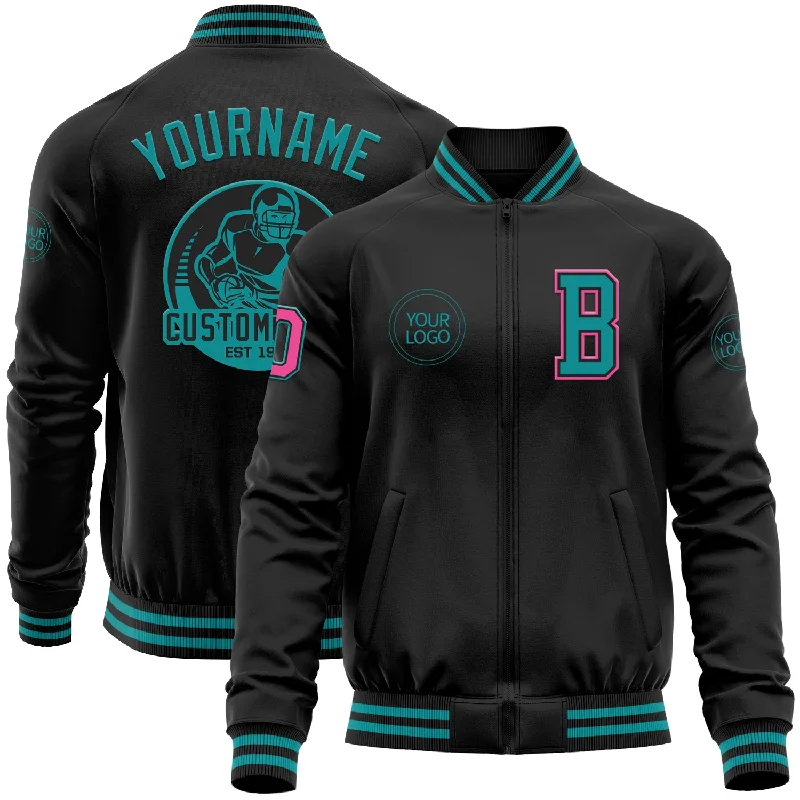 Lightweight Windbreaker Jacket for Active Outdoors-Custom Black Teal-Pink Bomber Varsity Letterman Zipper Jacket