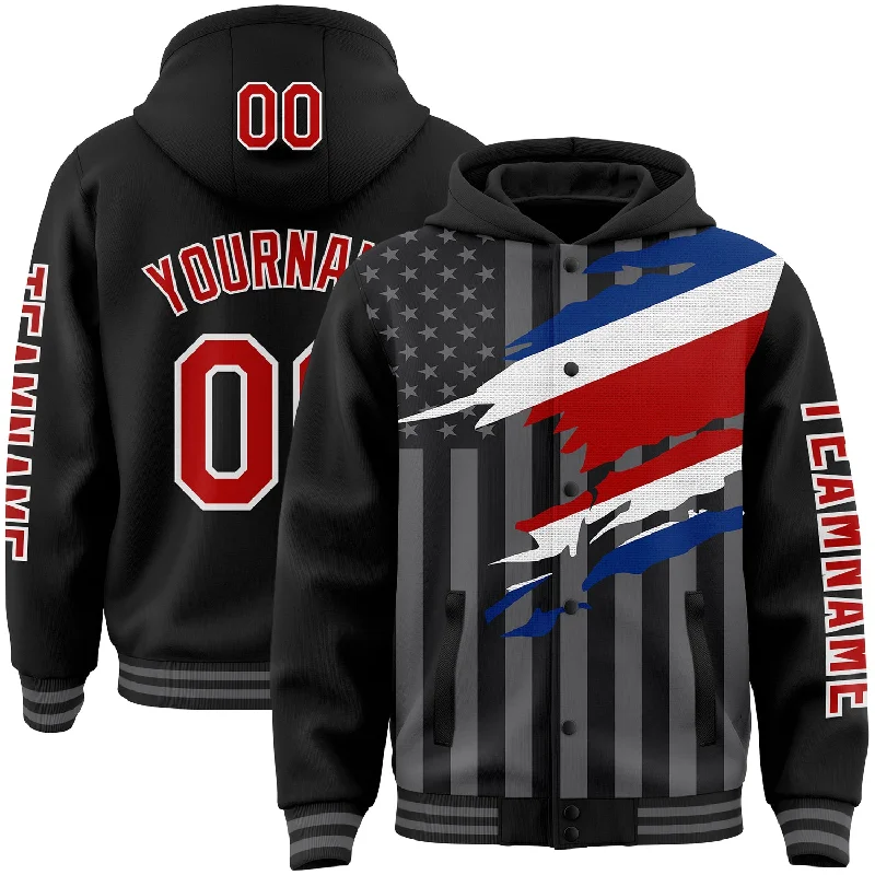 Performance Hoodie for Workout Sessions-Custom Black Red-Gray Costa Rica Costa Rican Flag 3D Bomber Full-Snap Varsity Letterman Hoodie Jacket