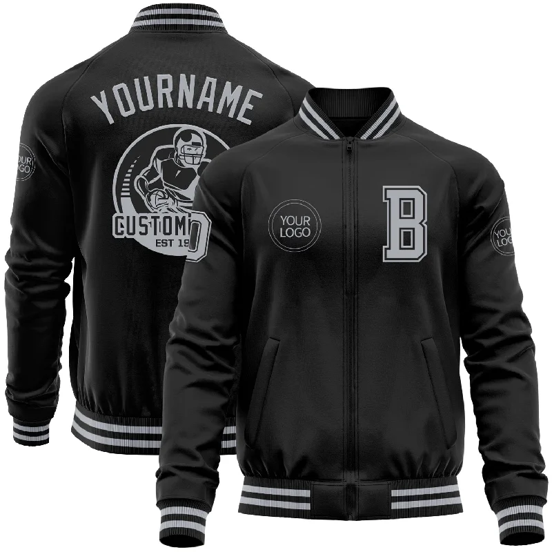 Soft Shell Jacket for Outdoor Adventures-Custom Black Gray Bomber Varsity Letterman Zipper Jacket