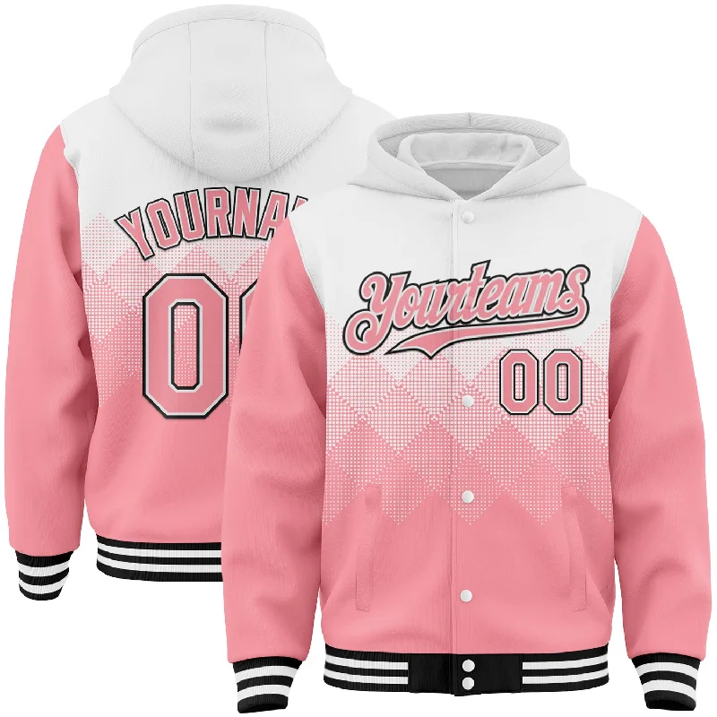 Bold Color Hoodie for Attention-Grabbing Style-Custom White Medium Pink-Black Gradient Square Shape 3D Pattern Design Bomber Full-Snap Varsity Letterman Hoodie Jacket