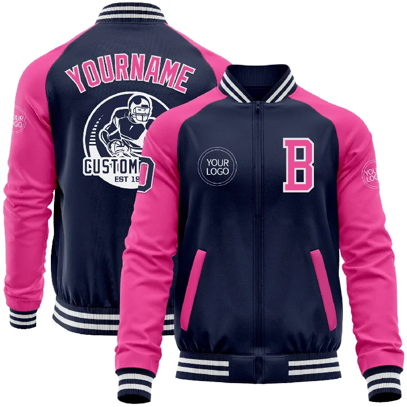 Cool Utility Jacket for Outdoor and Everyday Wear-Custom Navy Pink-White Bomber Varsity Letterman Two Tone Zipper Jacket