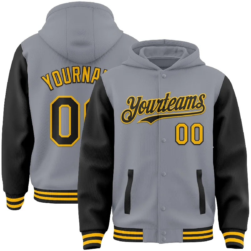 Functional Hoodie for Outdoor Activities-Custom Gray Black-Gold Bomber Full-Snap Varsity Letterman Two Tone Hoodie Jacket