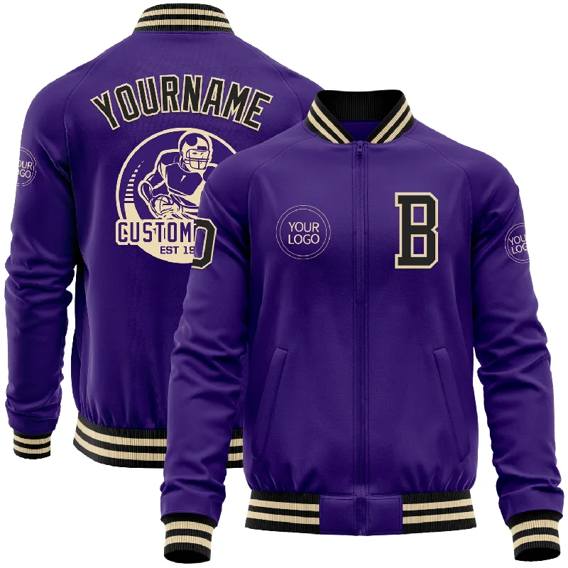 Windproof Jacket for Sports and Hiking-Custom Purple Black-Cream Bomber Varsity Letterman Zipper Jacket