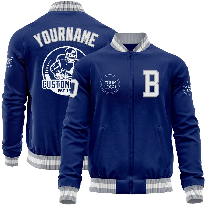 Seamless Jacket for Sleek, Minimalist Look-Custom Royal White-Gray Bomber Varsity Letterman Zipper Jacket