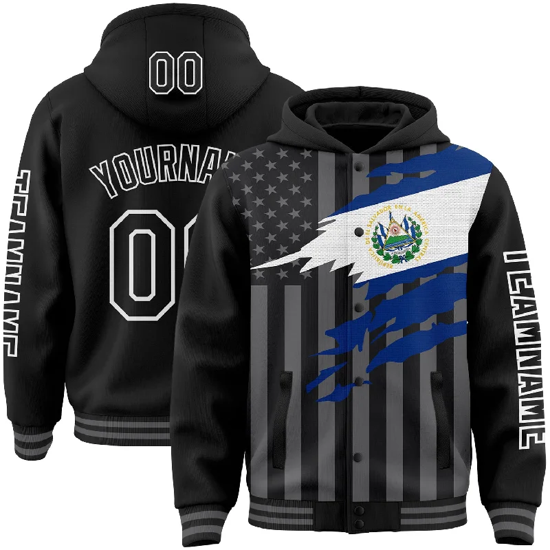 High-Collar Hoodie for Extra Coverage-Custom Black Gray-White El Salvador El Salvadoran Flag 3D Bomber Full-Snap Varsity Letterman Hoodie Jacket