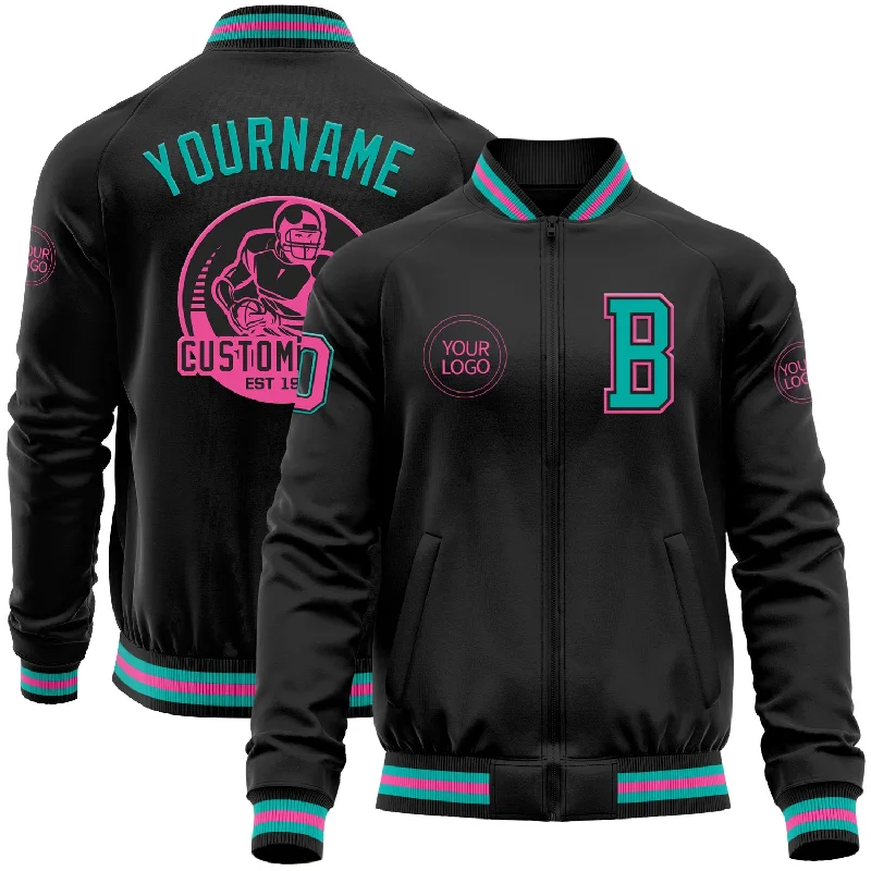 Hooded Puffer Jacket for Warmth and Style-Custom Black Aqua-Pink Bomber Varsity Letterman Zipper Jacket