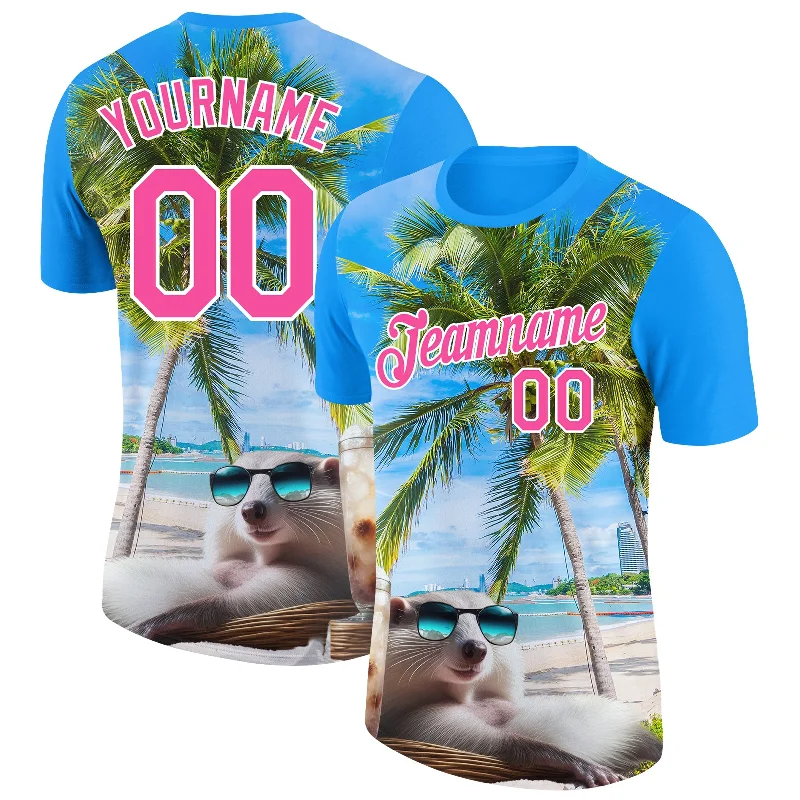 Premium Quality T-Shirt for Comfortable All-Day Wear-Custom Powder Blue Pink-White 3D Pattern Design Hawaii Palm Trees On Summer Beach Performance T-Shirt