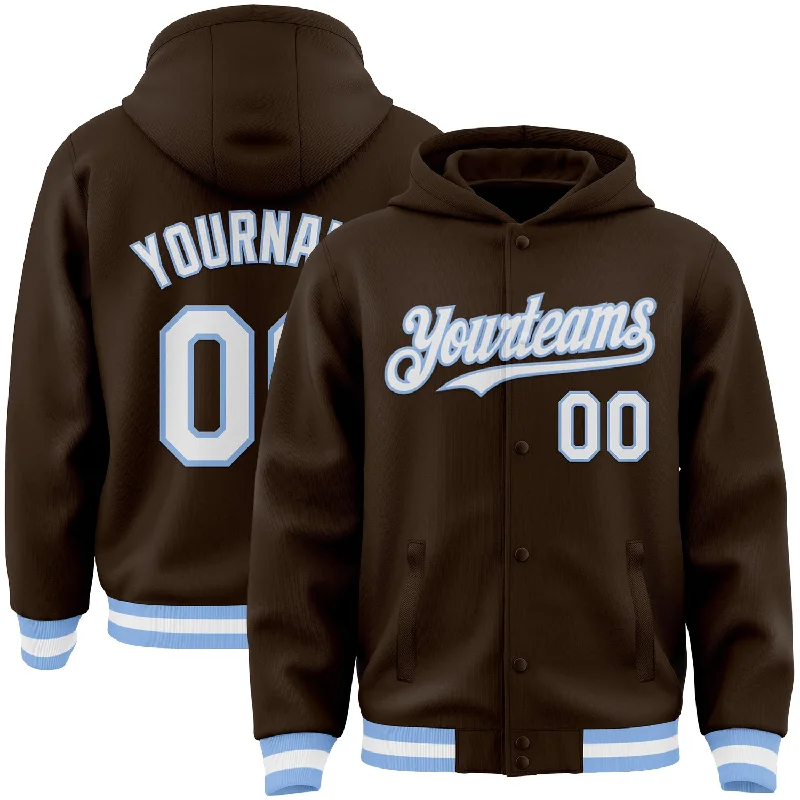 Customizable Hoodie for Personalized Apparel-Custom Brown White-Light Blue Bomber Full-Snap Varsity Letterman Hoodie Jacket