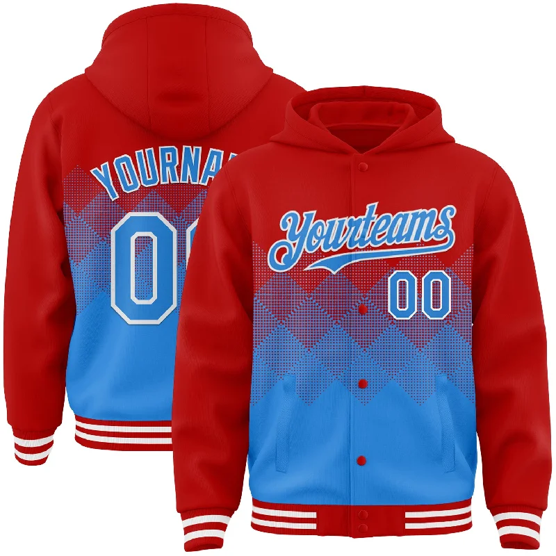 Performance Hoodie for Active Sports and Fitness-Custom Red Powder Blue-White Gradient Square Shape 3D Pattern Design Bomber Full-Snap Varsity Letterman Hoodie Jacket