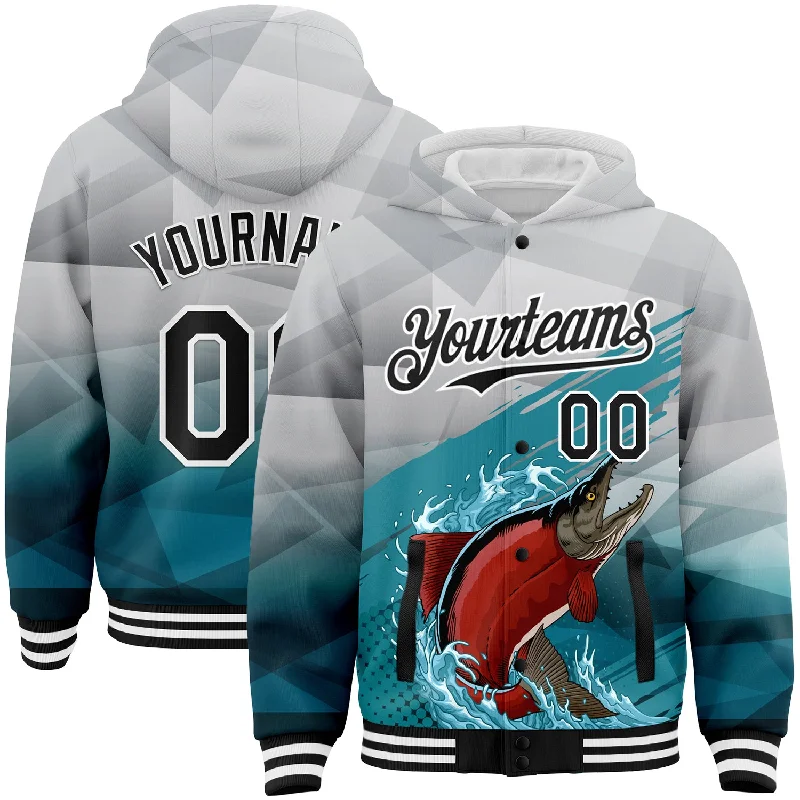 Soft Pullover Hoodie for Cold Weather Style-Custom Gray Black-Aqua Salmon Fish Fishing 3D Bomber Full-Snap Varsity Letterman Hoodie Jacket