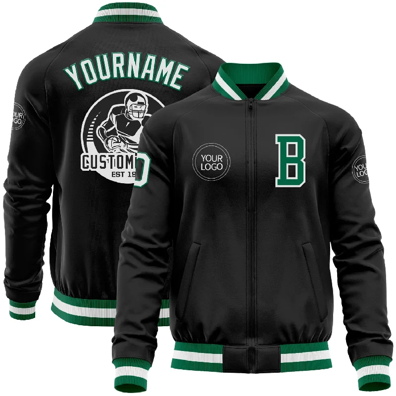 Retro Windbreaker Jacket for Vintage Appeal-Custom Black Kelly Green-White Bomber Varsity Letterman Zipper Jacket