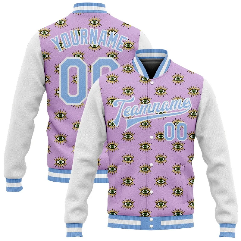 Military Green Jacket for Tough, Outdoorsy Style-Custom Light Purple Light Blue-White Evil Eyes 3D Pattern Design Bomber Full-Snap Varsity Letterman Jacket