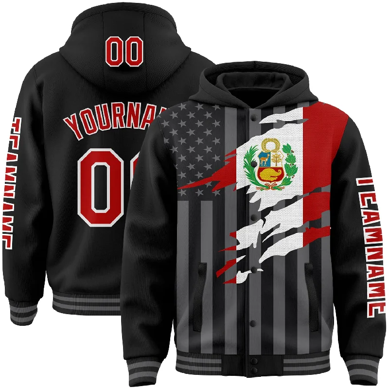 Sports Hoodie for Active Lifestyle-Custom Black Red-Gray Peru Peruvian Flag 3D Bomber Full-Snap Varsity Letterman Hoodie Jacket