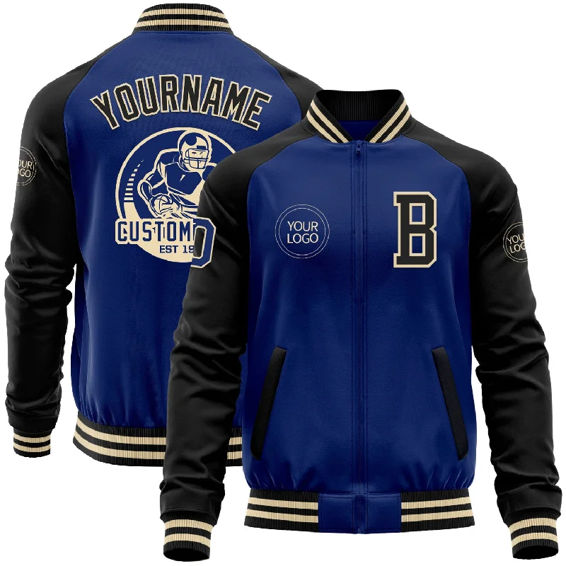 Soft Suede Jacket for Casual Chic Style-Custom Royal Black-Cream Bomber Varsity Letterman Two Tone Zipper Jacket