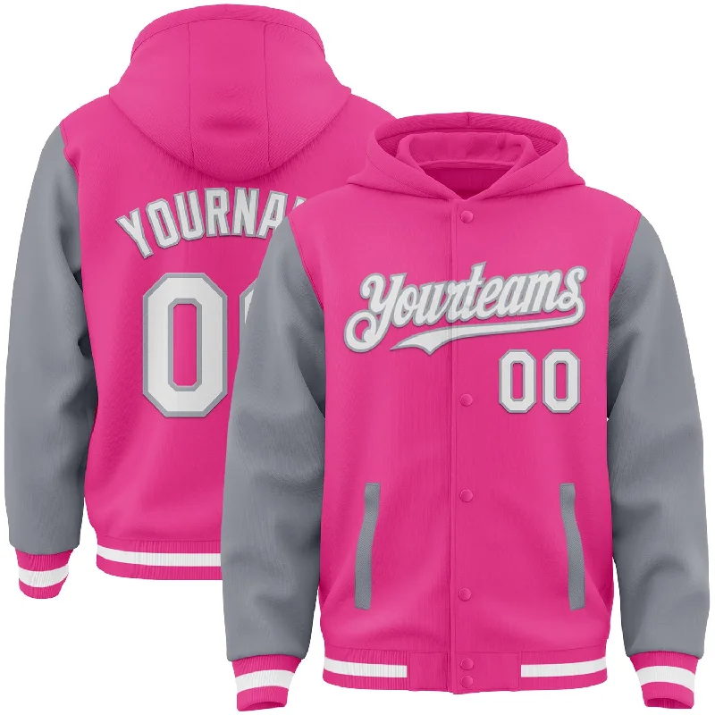 Heavy Duty Hoodie for Outdoor Workwear-Custom Pink White-Gray Bomber Full-Snap Varsity Letterman Two Tone Hoodie Jacket