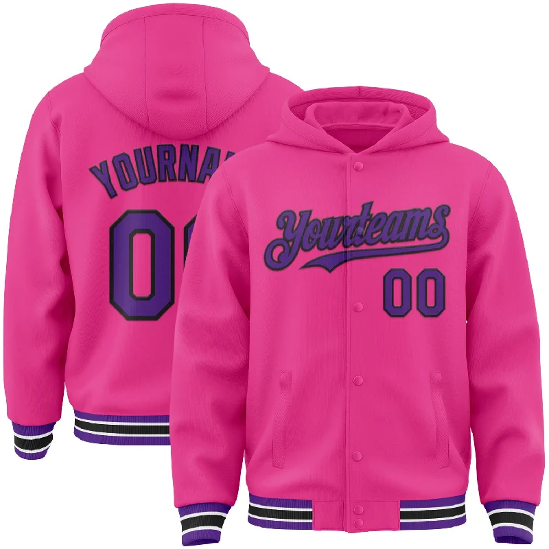 Warm Knit Hoodie for Layering on Cold Days-Custom Pink Purple-Black Bomber Full-Snap Varsity Letterman Hoodie Jacket