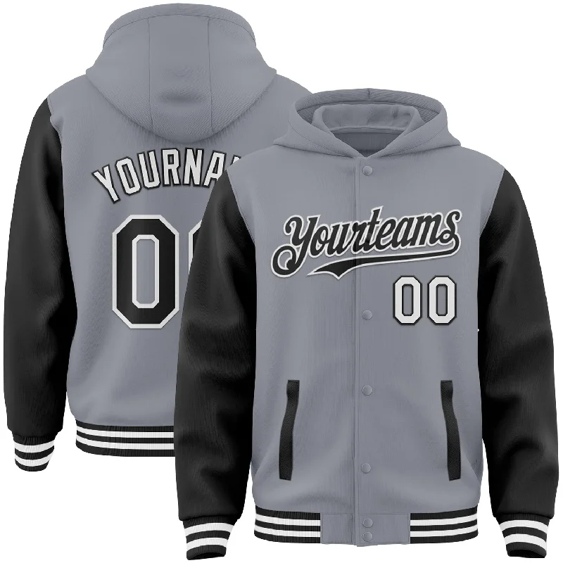 Versatile Hoodie for Sports and Leisure-Custom Gray Black-White Bomber Full-Snap Varsity Letterman Two Tone Hoodie Jacket