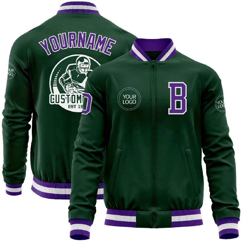 Stylish Faux Suede Jacket for Chic Fashion-Custom Green Purple-White Bomber Varsity Letterman Zipper Jacket