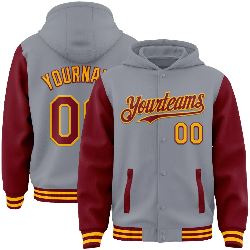 Performance Hoodie for Active Sports and Fitness-Custom Gray Crimson-Gold Bomber Full-Snap Varsity Letterman Two Tone Hoodie Jacket