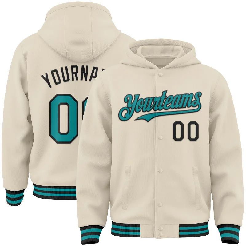 Cozy Winter Hoodie for Chilly Days-Custom Cream Teal-Black Bomber Full-Snap Varsity Letterman Hoodie Jacket