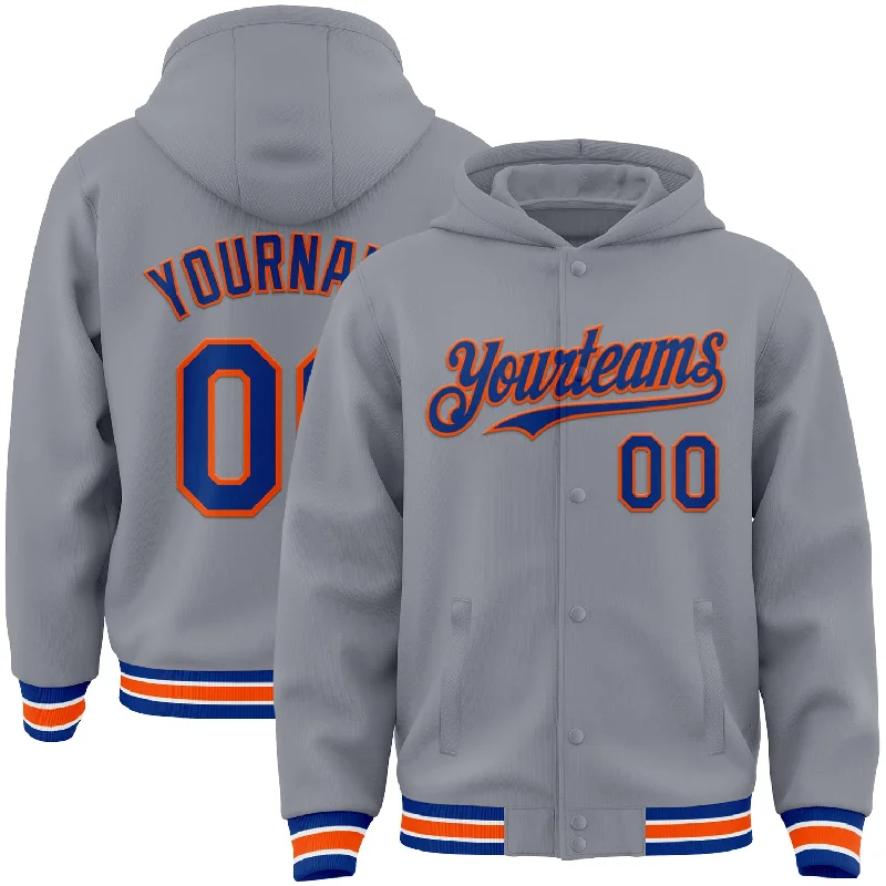 Trendy Tie-Dye Pullover Hoodie for Unique Look-Custom Gray Royal-Orange Bomber Full-Snap Varsity Letterman Hoodie Jacket