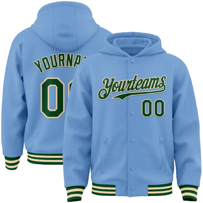 Functional Hoodie for Outdoor Activities-Custom Light Blue Green-Cream Bomber Full-Snap Varsity Letterman Hoodie Jacket