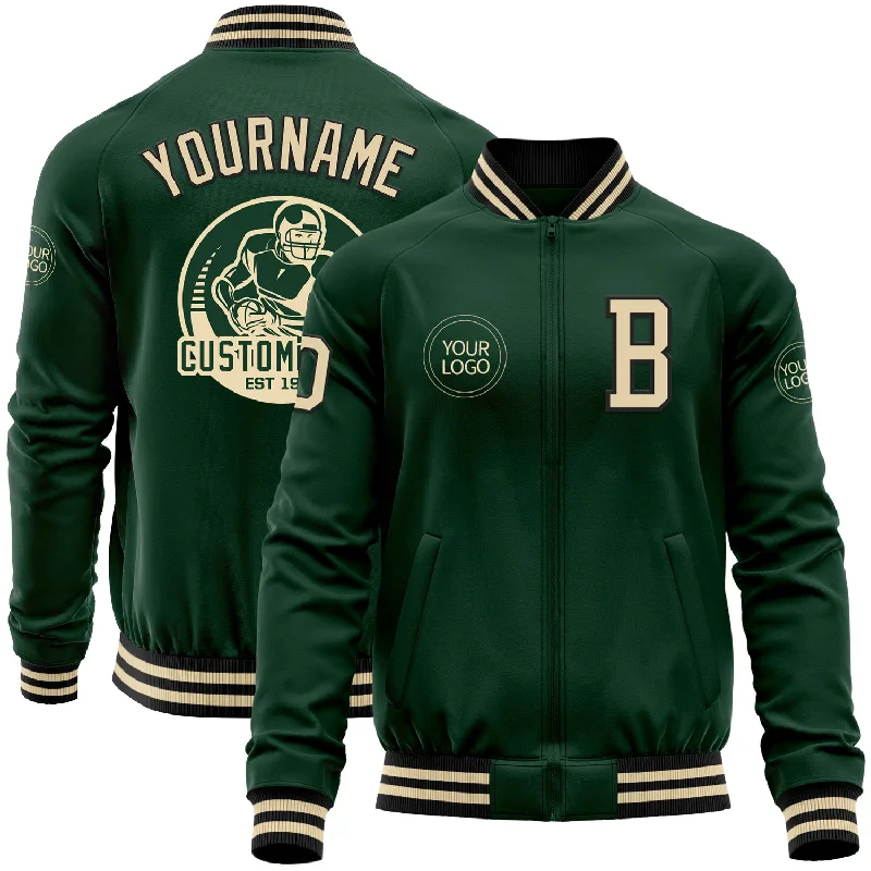 Sports Windbreaker Jacket for Active Wear-Custom Green Cream-Black Bomber Varsity Letterman Zipper Jacket