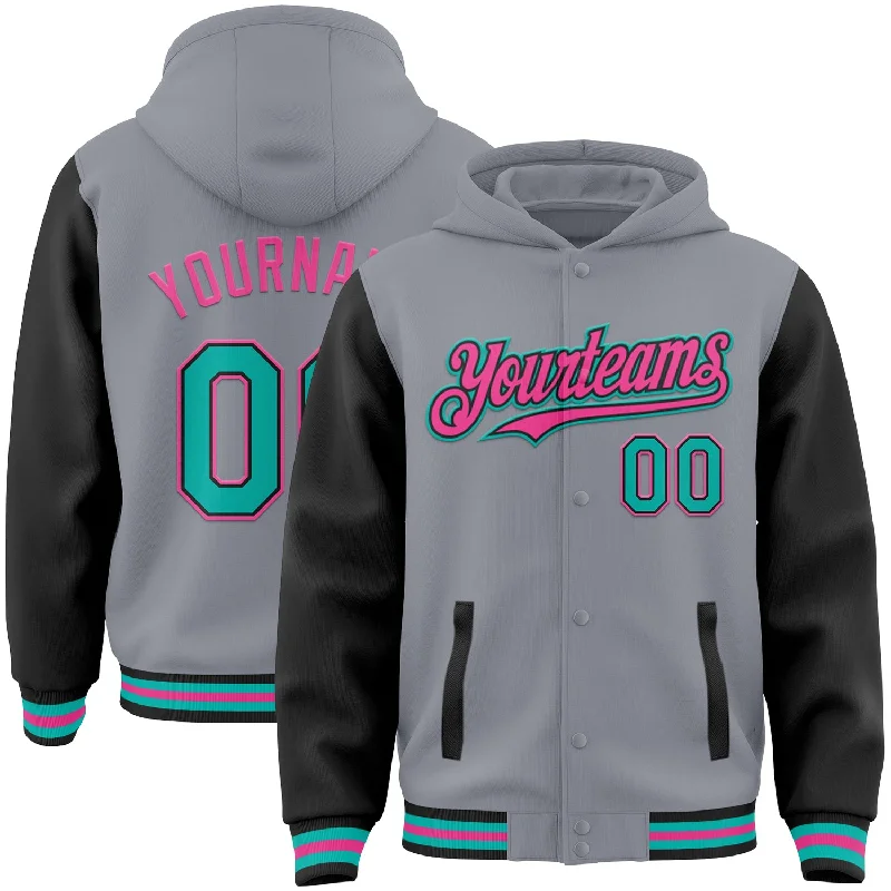 Warm Fleece Hoodie for Cold Days-Custom Gray Aqua Black-Pink Bomber Full-Snap Varsity Letterman Two Tone Hoodie Jacket