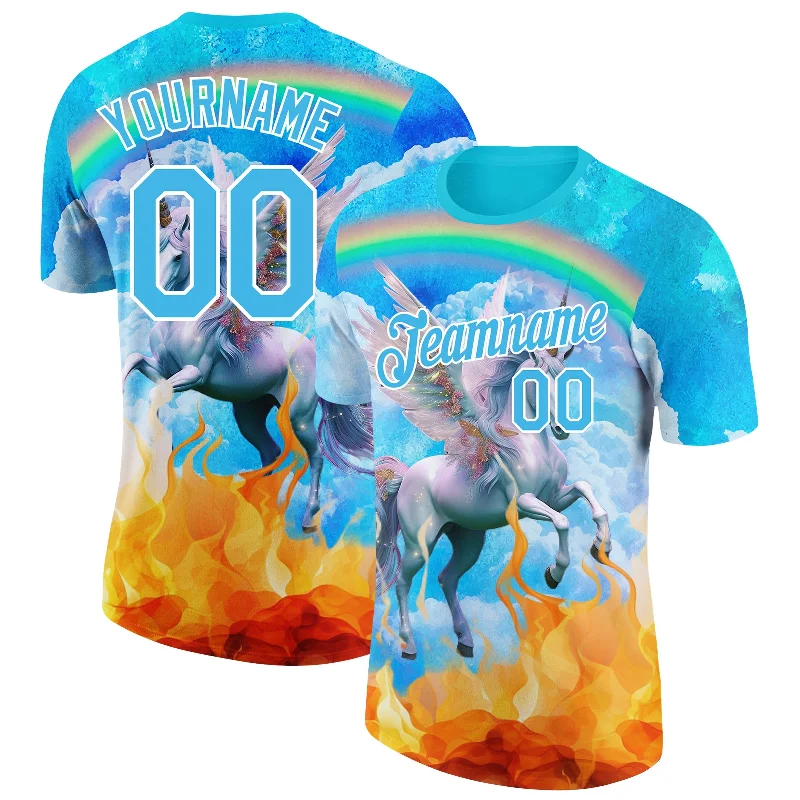 Simple Plain T-Shirt for Understated Elegance-Custom Lakes Blue White 3D Pattern Design Unicorn Under The Rainbow Performance T-Shirt