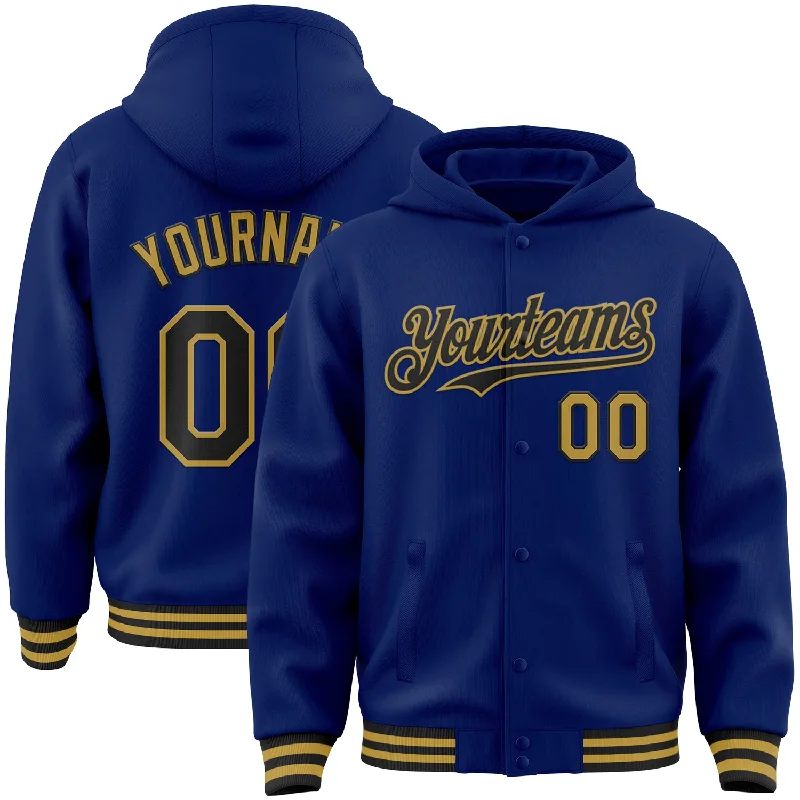 High-Performance Hoodie for Cold Weather Sports-Custom Royal Black-Old Gold Bomber Full-Snap Varsity Letterman Hoodie Jacket