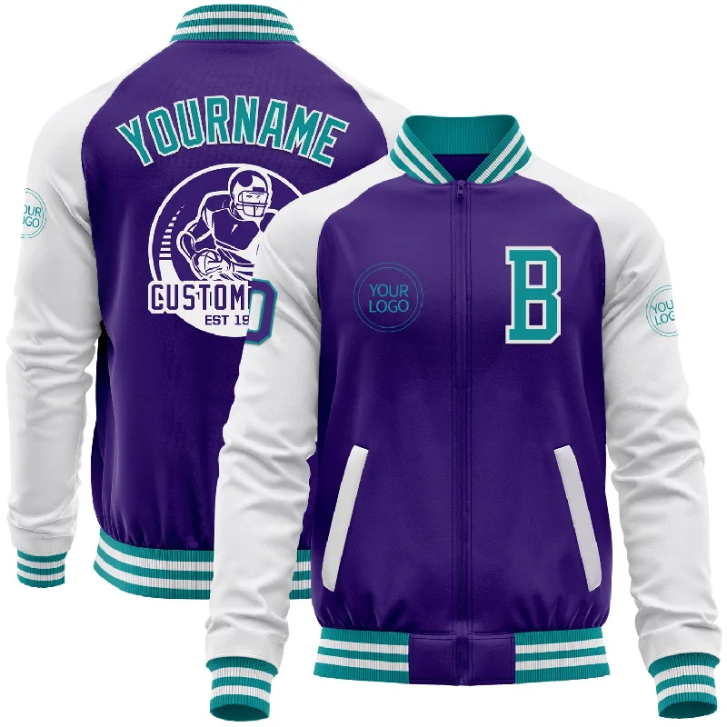 Stretch Fit Jacket for Enhanced Comfort-Custom Purple Teal-White Bomber Varsity Letterman Two Tone Zipper Jacket