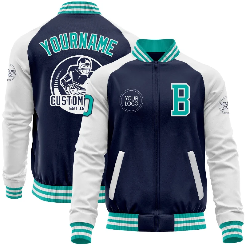 Trendy Sherpa Fleece Jacket for Cold Weather-Custom Navy Aqua-White Bomber Varsity Letterman Two Tone Zipper Jacket