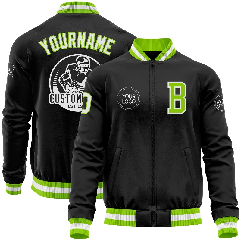 Classic Cotton Jacket for Everyday Use-Custom Black Neon Green-White Bomber Varsity Letterman Zipper Jacket