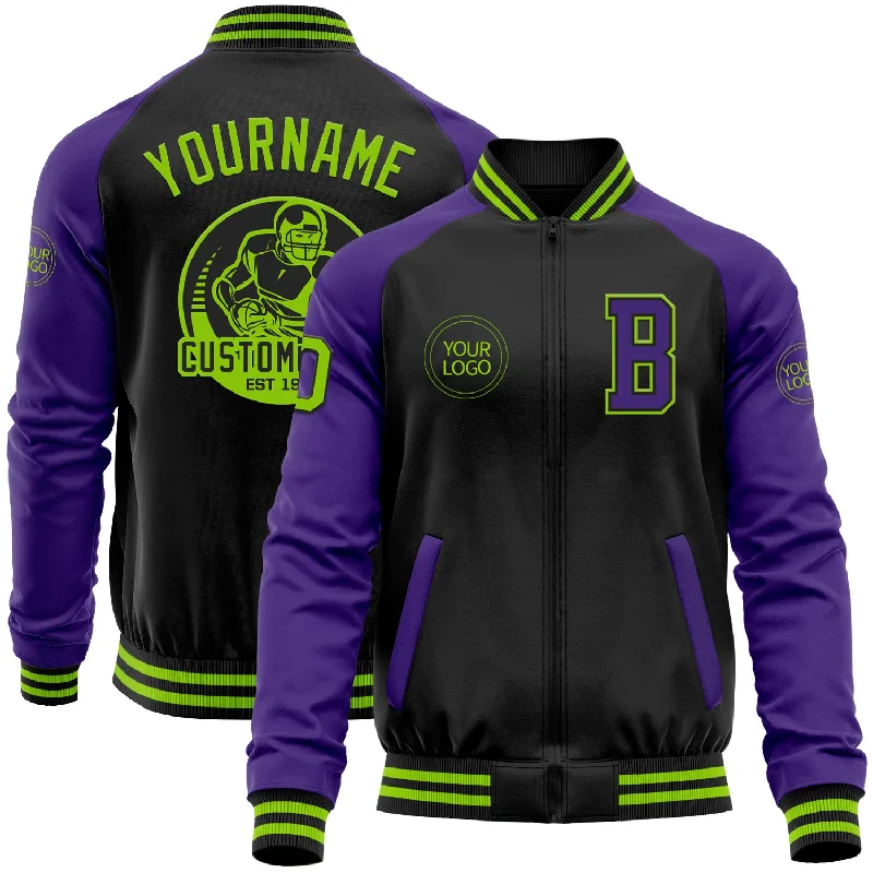 Utility Jacket with Multiple Pockets for Practical Wear-Custom Black Neon Green-Purple Bomber Varsity Letterman Two Tone Zipper Jacket