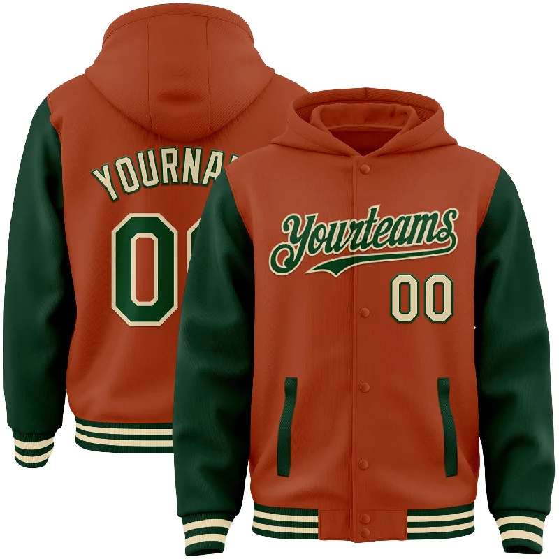 Lightweight Packable Hoodie for Travel-Custom Texas Orange Green-Cream Bomber Full-Snap Varsity Letterman Two Tone Hoodie Jacket