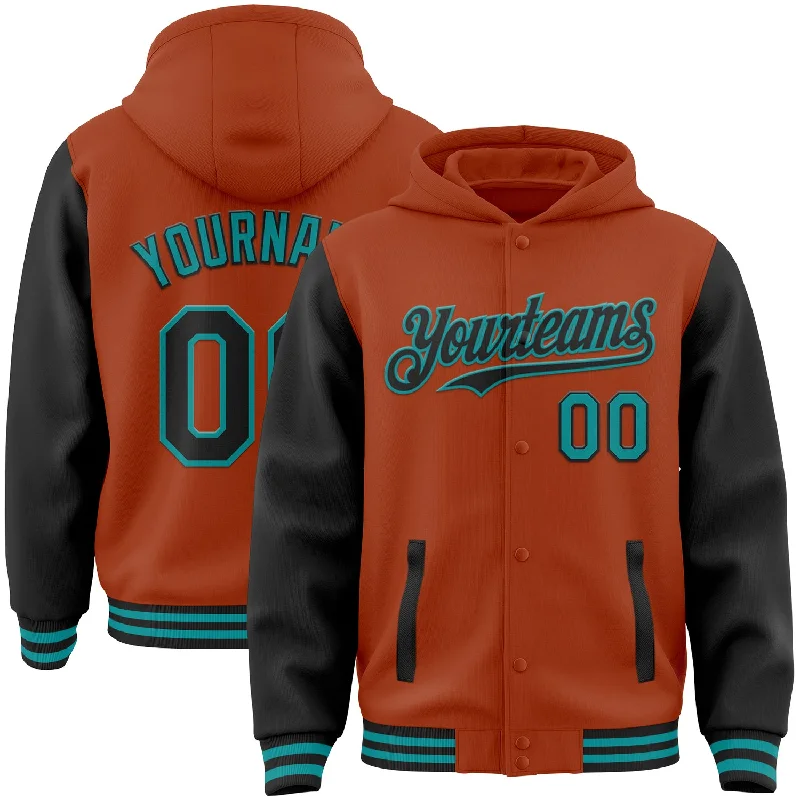 Stylish Zip Hoodie for Fashionable Comfort-Custom Texas Orange Black-Teal Bomber Full-Snap Varsity Letterman Two Tone Hoodie Jacket