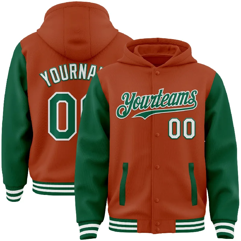 Vibrant Color Hoodie for Bright Fashion Statements-Custom Texas Orange Kelly Green-White Bomber Full-Snap Varsity Letterman Two Tone Hoodie Jacket