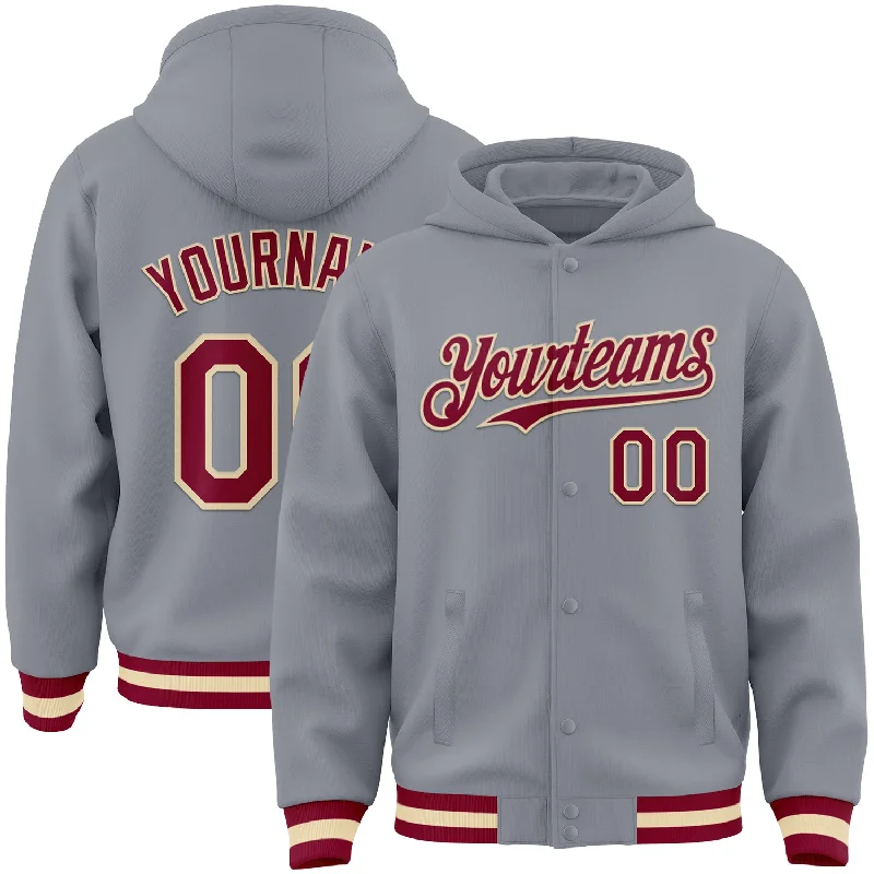 Comfortable Cotton Hoodie for All-Day Comfort-Custom Gray Maroon-Cream Bomber Full-Snap Varsity Letterman Hoodie Jacket