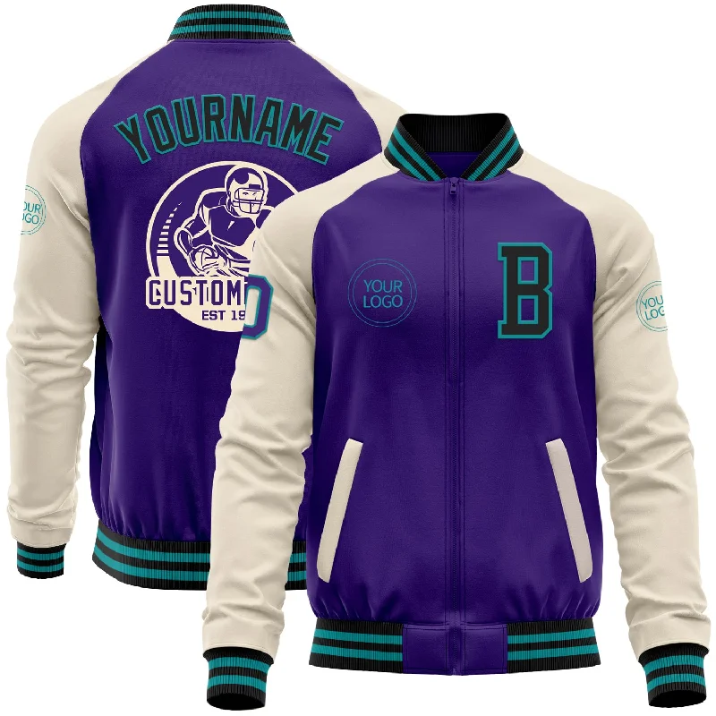 Commuter Jacket for Urban Traveling-Custom Purple Black Teal-Cream Bomber Varsity Letterman Two Tone Zipper Jacket