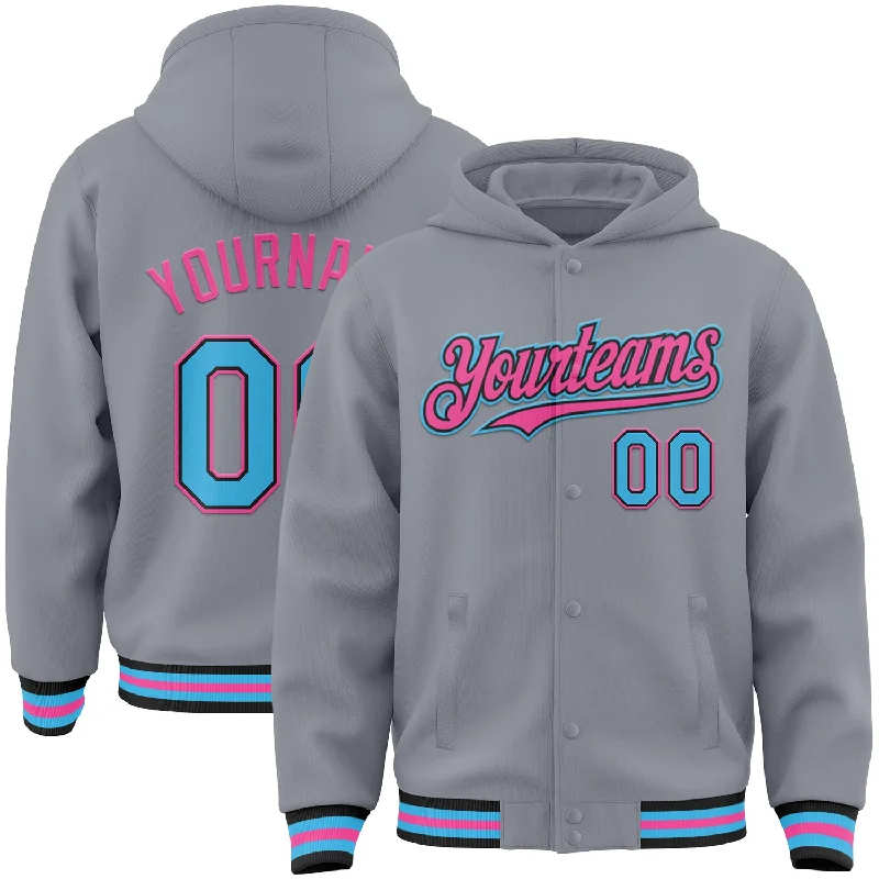 Soft Sherpa Hoodie for Extra Warmth-Custom Gray Sky Blue Black-Pink Bomber Full-Snap Varsity Letterman Hoodie Jacket